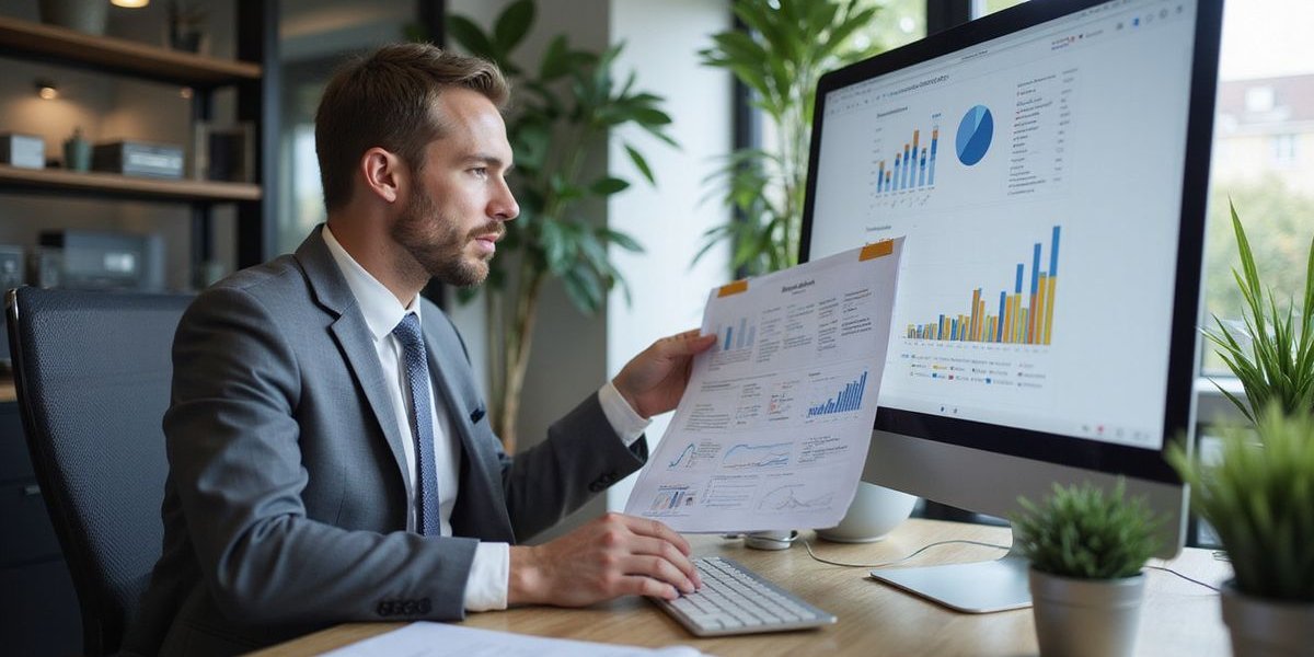 Business owner analyzing cash flow statements on computer