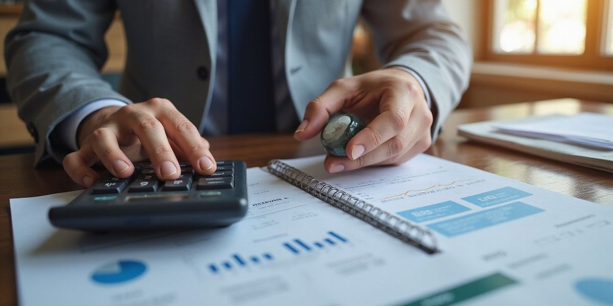 Business owner calculating loan costs on calculator with financial documents spread on desk in modern Dallas office