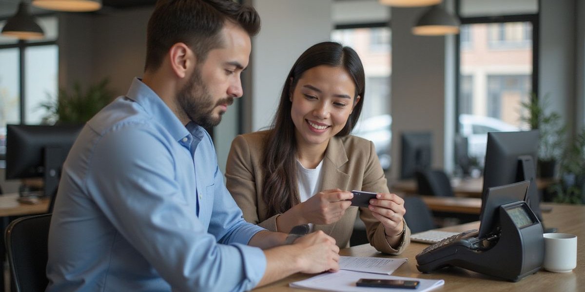 Business owner reviewing merchant cash advance options on tablet with credit card terminal nearby