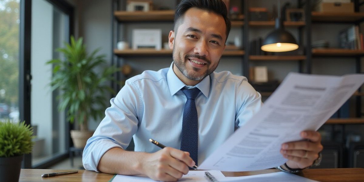 Business owner reviewing loan application requirements with optimistic expression