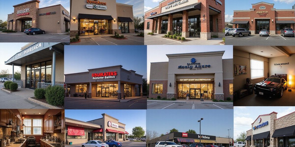 Collage of Dallas businesses including restaurant, retail store, and auto repair shop, representing industries that benefit from merchant cash advance
