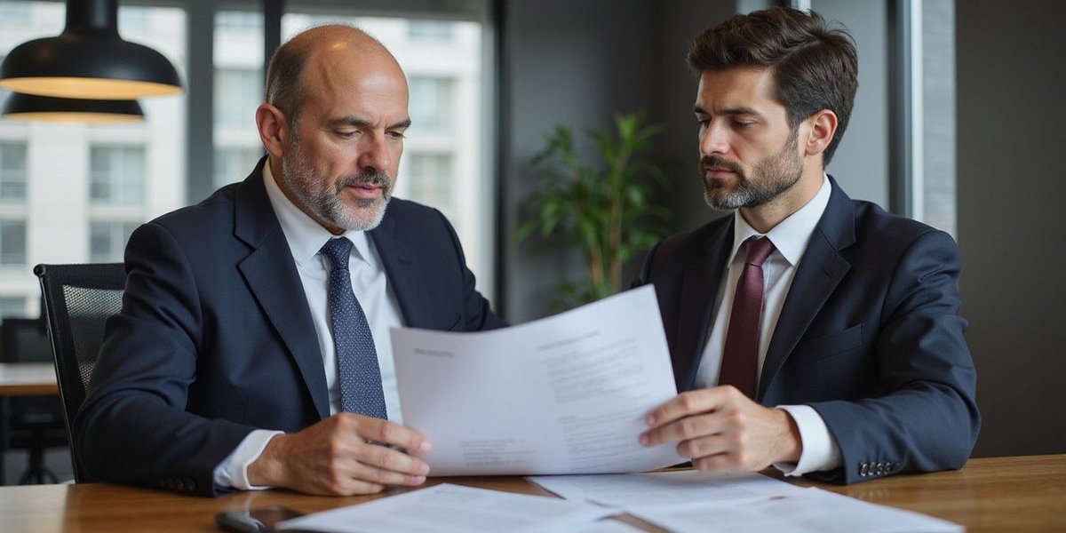 Dallas banker reviewing business financial statements with loan applicant for long-term financing