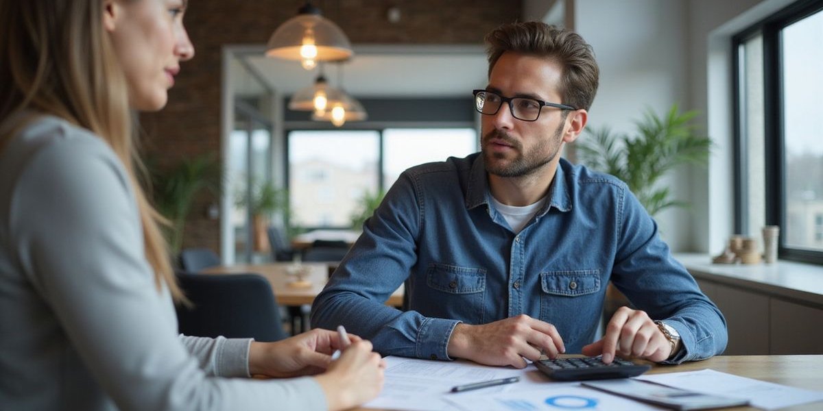 Business owner comparing equipment financing options on laptop with calculator showing payment comparisons