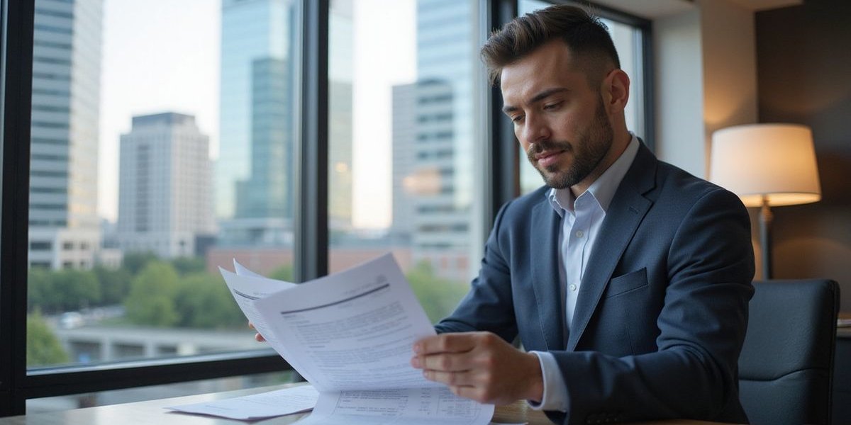 Professional business owner reviewing financial documents in a modern Dallas office with cityscape visible through window, representing business growth and financial planning