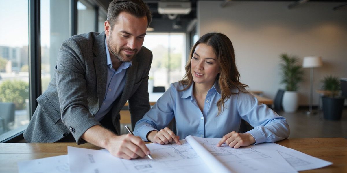 Dallas business owner reviewing expansion plans with architect for new facility funded by long-term financing