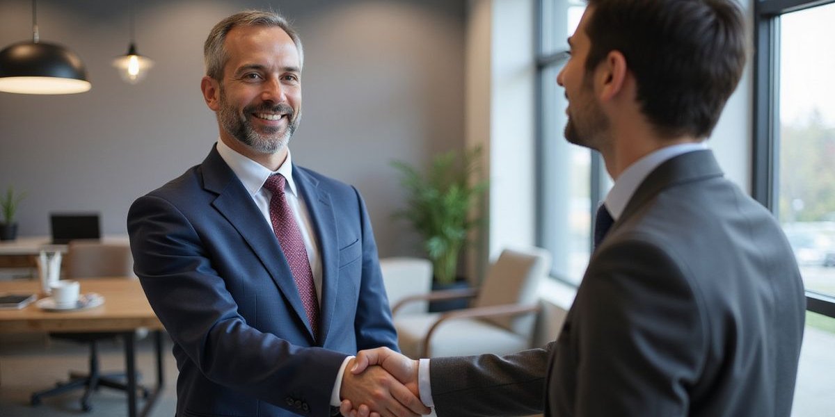 Dallas small business owner shaking hands with financial advisor in professional office setting, representing partnership and successful loan approval