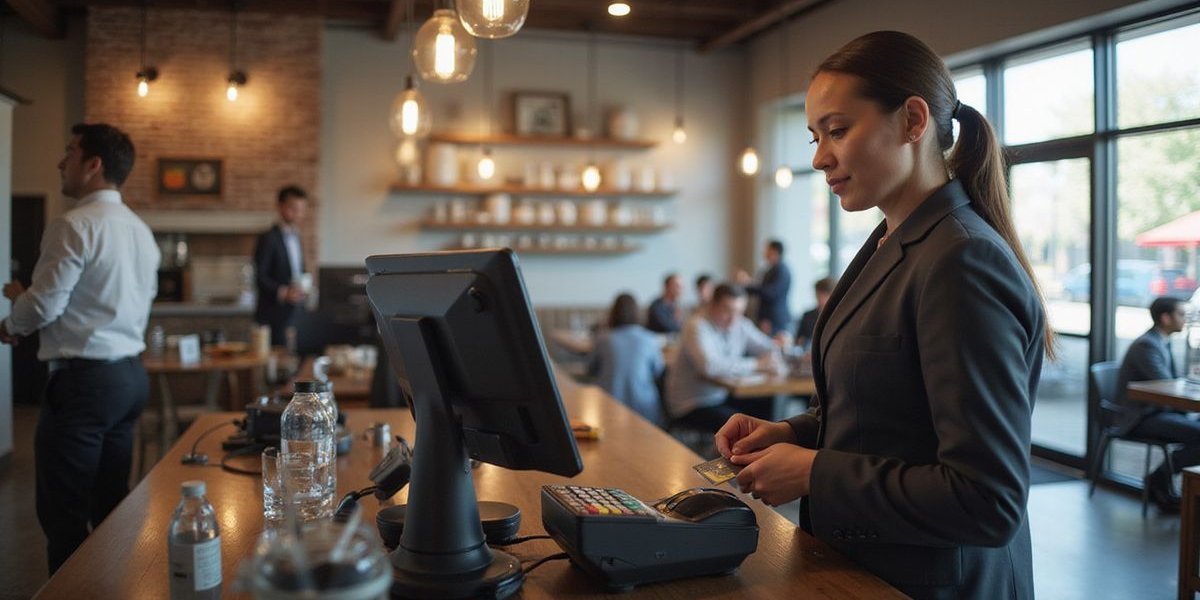 Restaurant owner in Dallas reviewing point-of-sale terminal with busy dining room in background, representing businesses with strong credit card sales