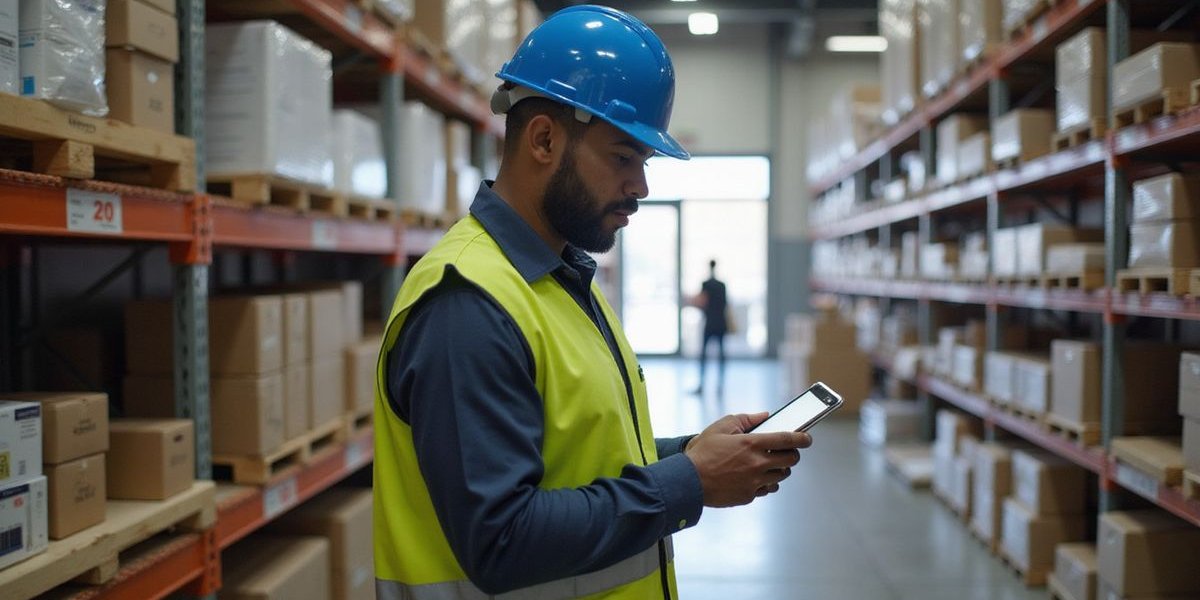Warehouse manager in Dallas checking inventory on tablet with shelves of products in background, representing inventory management and business operations