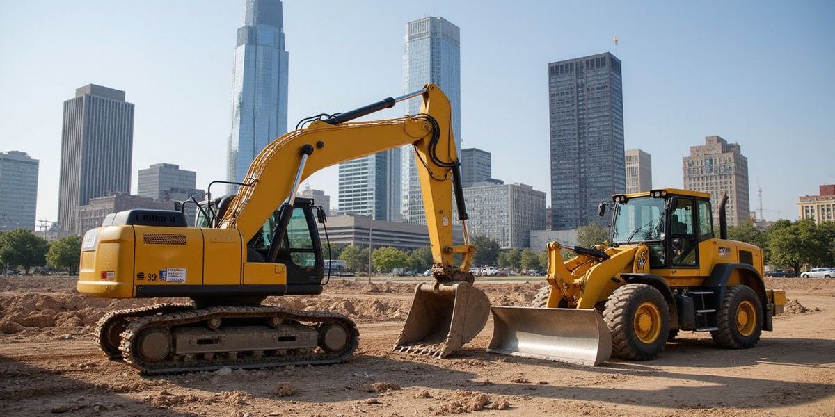 Heavy construction equipment including excavator and bulldozer at Dallas construction site with city skyline in background