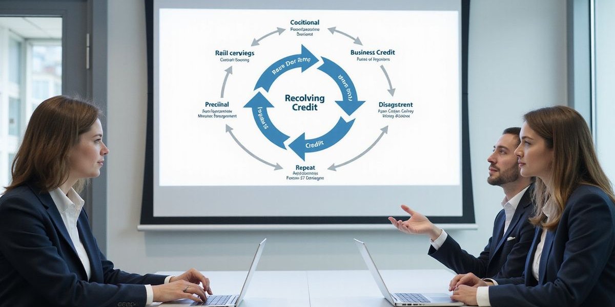 Diagram showing revolving credit cycle with arrows indicating draw funds, use capital, repay balance, and repeat