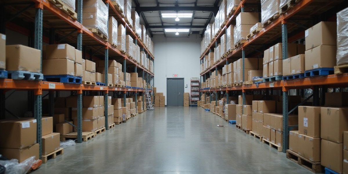 Warehouse filled with inventory purchased through working capital loan showing business growth